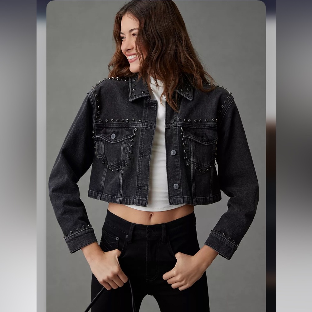 Pilcro Embellished Denim Cropped Trucker Jacket